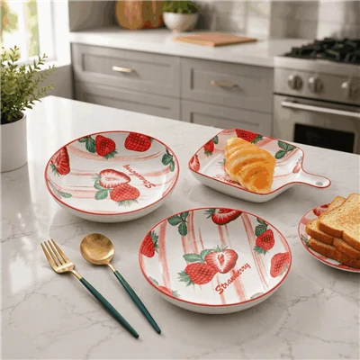 Cute Strawberry Print Ceramic Dinnerware Set For Home Kitchen